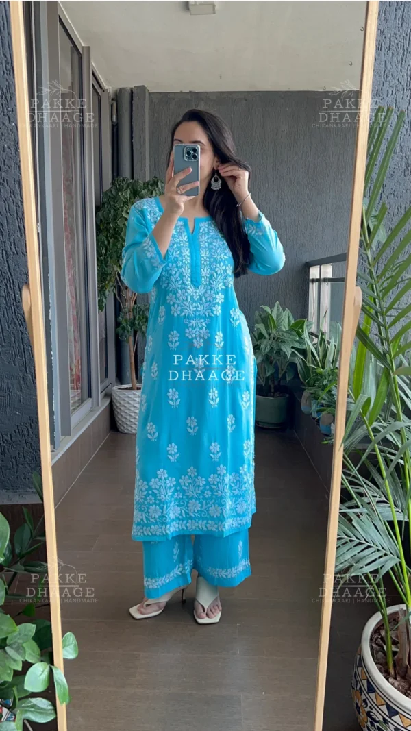 Arii Sky Blue Long Kurta And Pant Set With Hand Embroidery Work